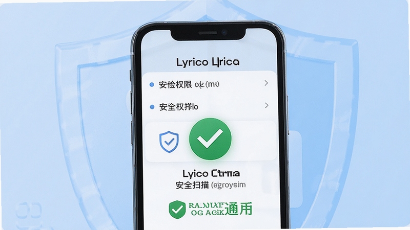 Lyrico 安全检测与权限说明示意图,手机屏幕展示权限列表与安全扫描通过标识,背景为淡蓝色盾牌纹理,画面干净整洁