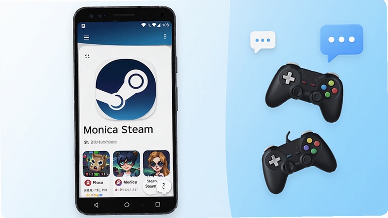 ���廭��Ϊһ�׿�ֻ�����չʾMonica SteamӦ����ҳ���ֻ�λ�ڻ�������ƫ���Ҳ�Ϊǳ��ɫ���䱳�����򲢵�׺��Ϸ�ֱ�����������Ԫ�أ���������ˬ������ͻ����Ϸ��������Դ�ۺϵĲ�Ʒȫò