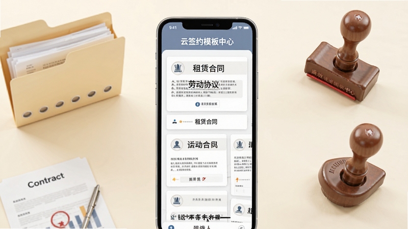 ��ǩԼģ������ҳ�棬�ֻ�����չʾ���ź�ͬģ�忨Ƭ����Ƭ�����Ͷ�Э�顢���޺�ͬ�����ֱ�ʶ������Ϊ����װ�ɫ���������ļ�����ӡ��װ��Ԫ�أ�������ָ�Ч�칫��Χ