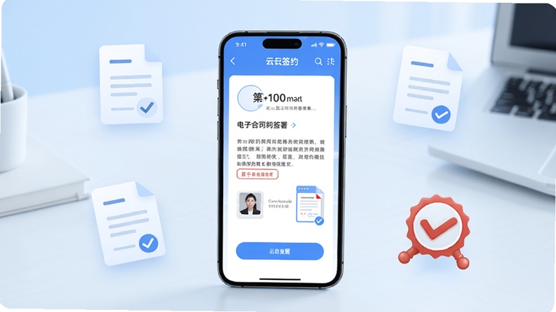 ����չʾ��ǩԼ�ֻ�Ӧ�ý��棬��������һ�����������ֻ���ʾ���Ӻ�ͬǩ��ҳ�棬����Ϊǳ��ɫ����칫���滷������Χ���ƺ�ͬ�ĵ�ͼ����Թ�ӡ��Ԫ�أ�����������ͣ���ͼ�ɾ����࣬ͻ���ƶ�ǩԼ�ı�ݸ�