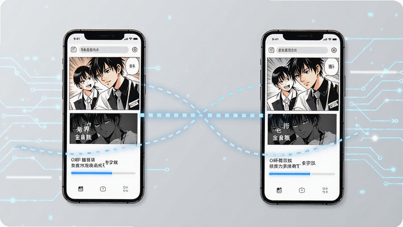 漫界阅读进度同步功能示意图,画面为两部手机之间以虚线连接,界面显示相同的漫画章节与进度条,背景为浅灰色科技感线条,突出数据同步概念