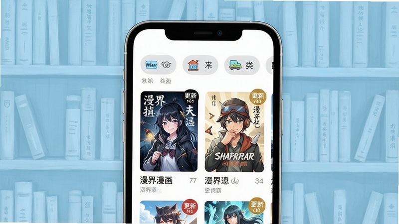 漫界漫画分类页面预览图,画面主体为手机界面中的分类标签与封面列表,背景为淡蓝色书架纹理,细节包含题材图标与更新角标,整体明亮清爽