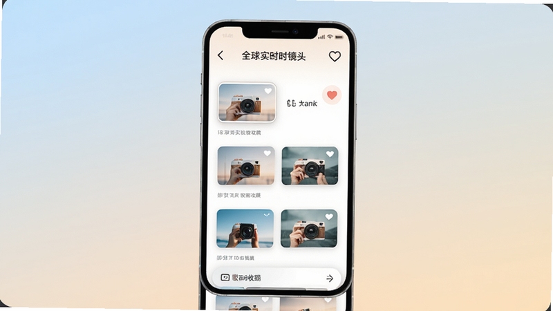 全球实时镜头收藏功能界面示意图,手机屏幕显示收藏列表与心形图标,背景为柔和浅色渐变,画面中包含多个摄像头缩略图卡片,整体风格温馨简洁