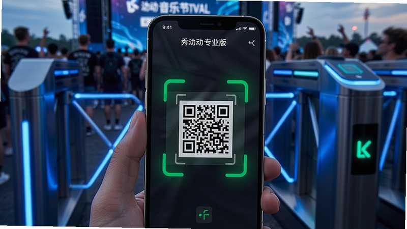 秀动专业版验票界面手机屏幕展示,绿色扫码框对准二维码,背景为音乐节入场闸机口,科技感蓝色光效,高清写实风格
