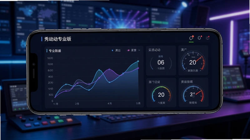 秀动专业版实时数据统计界面,手机屏幕展示折线图与数字仪表盘,背景为演出场馆控制台,蓝紫色科技光效