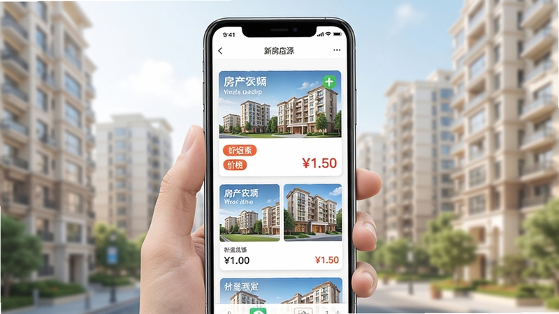 ��������app�·���Դ�б�ҳ�棬�ֻ���Ļ��չʾ���¥�̿�Ƭ������¥�����ơ��۸��ǩ�뻧������ͼ������Ϊ��͵ĳ���סլ¥Ⱥ����������������ͻ����Ϣ�������