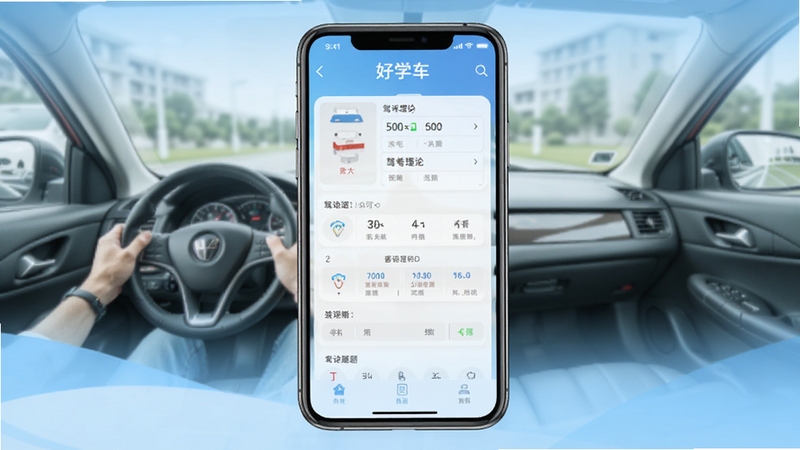 好学车 软件主界面展示,手机屏幕中央呈现驾考理论题库练习页面,背景为浅蓝色渐变驾培场景,画面清晰明亮
