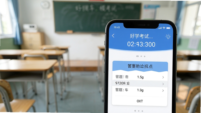 好学车 模拟考试界面,手机屏幕显示考试倒计时与答题卡,背景为简洁的驾考教室场景,光线柔和