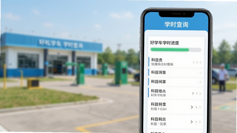 好学车 学时查询页面,手机屏幕显示学时进度条与科目列表,背景为驾校训练场虚化画面,色调清新