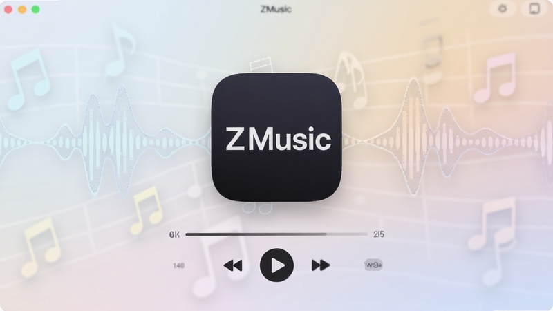 软件主界面全貌展示,画面中央为ZMusic应用图标与播放器界面,背景为浅色渐变音乐律动波纹,主体坐标居中偏上,背景区域柔和虚化,整体风格清爽现代,突出音乐播放软件的核心视觉特征
