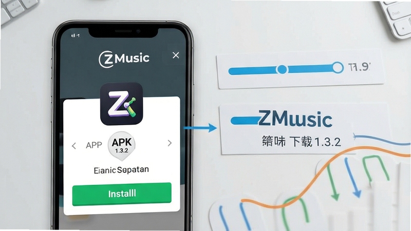 ZMusic下载安装流程示意图,画面主体为手机屏幕上的APK安装确认界面与版本号1.3.2标识,背景为浅灰色桌面与下载进度条元素,构图清晰展示安装步骤,细节突出ZMusic软件名称与安装按钮