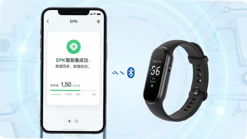 EPK智能设备连接界面,手机与智能手环通过蓝牙配对,屏幕显示连接成功提示与数据同步进度条,背景为淡蓝色科技光晕,画面干净利落,体现EPK设备联动功能