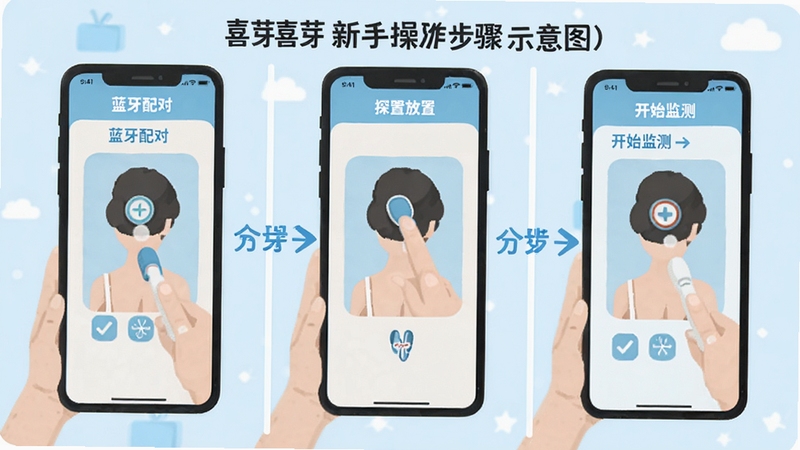 喜芽新手操作步骤示意图,手机屏幕分步展示蓝牙配对、探头放置、开始监测三个界面,扁平化插画风格,浅蓝色调,清晰展示操作流程