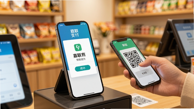 一部手机立在收银台上,屏幕显示嘉联支付的收款成功页面,旁边有顾客手持手机扫码的动作,背景是温馨的小店环境,色调明亮,突出便捷收款氛围
