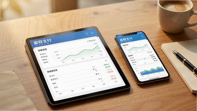 一台平板与手机并排放在木质桌面上,屏幕显示嘉联支付的结算汇总图表,旁边放着纸笔与咖啡杯,画面温暖柔和,传达轻松对账的感觉