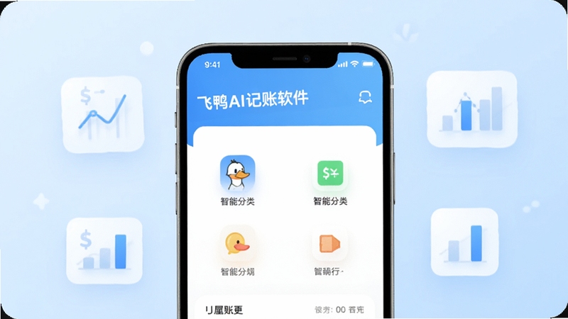 飞鸭AI记账软件主界面全貌展示,画面中央为手机屏幕呈现清爽的记账首页与智能分类图标,背景区域为柔和浅蓝色渐变并点缀简约的财务图表元素,整体风格现代简洁,适配Boogu模型生成