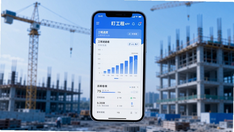 整体画面以一部智能手机为视觉中心,屏幕内展示盯工程APP的工程进度看板界面,背景为虚化的建筑工地场景,有塔吊与楼体轮廓,画面风格为清爽的科技蓝调,构图简洁、层次分明,突出移动工程管理的便捷感