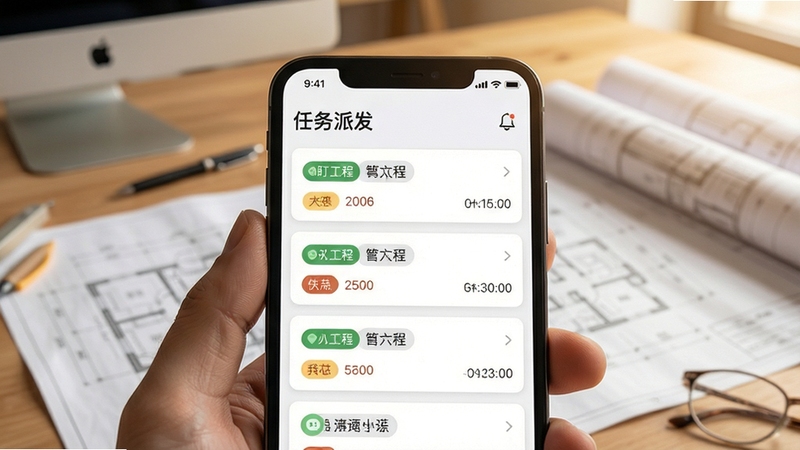 手机屏幕展示盯工程的任务派发列表界面,多条任务卡片带有状态标签与截止时间,背景为办公桌面与工程图纸,整体色调温暖柔和,突出任务管理的条理性