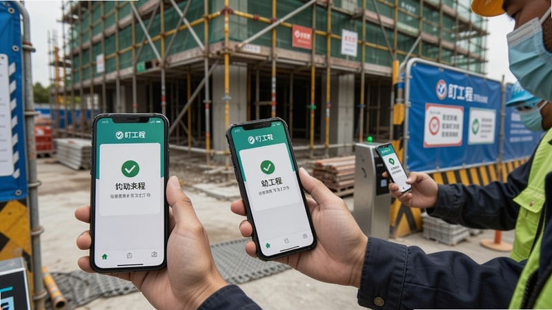 画面为建筑工地入口处,工人依次通过手机进行考勤打卡,手机屏幕显示盯工程的考勤打卡成功界面,背景有脚手架与安全标识,风格纪实,体现工地人员管理的规范化