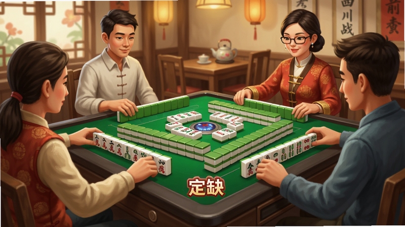 四川麻将血战到底官方版本牌桌对局界面,四人围坐,麻将牌整齐排列,定缺标识清晰,背景为温馨茶馆风格,画面明亮简洁