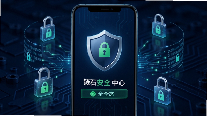 链石安全中心界面示意图,手机屏幕显示盾牌图标与绿色安全状态提示,周围环绕锁形符号与数据加密线条,背景为深蓝色科技纹理,整体传达安全可靠的产品印象