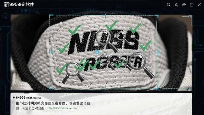 新995鉴定软件界面中显示一张球鞋鞋标特写照片,照片上叠加了若干绿色对勾标记与放大镜图标,屏幕下方显示细节比对说明文字,背景为深色科技感界面,整体呈现智能分析与图像标注的视觉效果