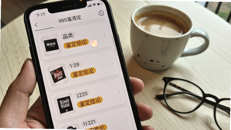 画面为手机屏幕特写,屏幕中展示新995鉴定的历史记录列表,每条记录包含商品缩略图、品类标签与鉴定结论标签,列表按时间倒序排列,背景为浅色卡片式布局,旁边放着一杯咖啡与一副眼镜,营造日常使用的轻松氛围