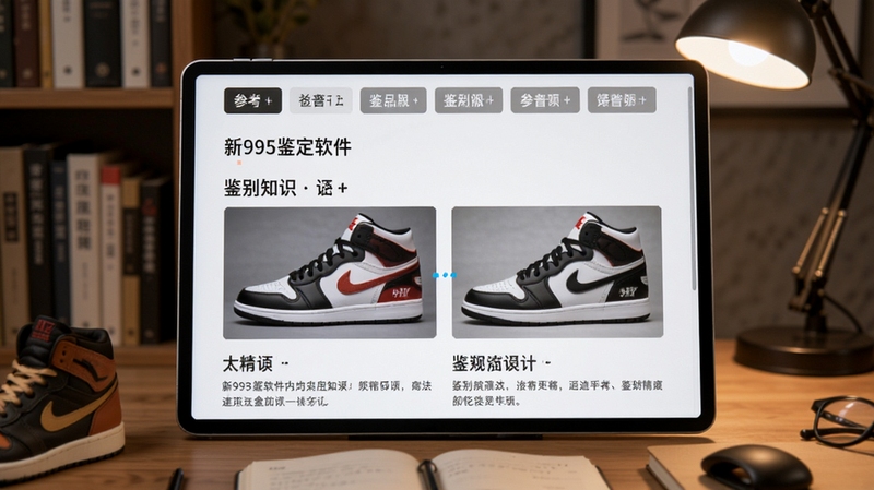 新995鉴定软件内的科普栏目页面,屏幕上显示图文并茂的鉴别知识文章,配图为球鞋细节对比图,页面顶部有栏目分类标签,整体排版清爽易读,背景为书房桌面环境,体现学习与参考的使用场景