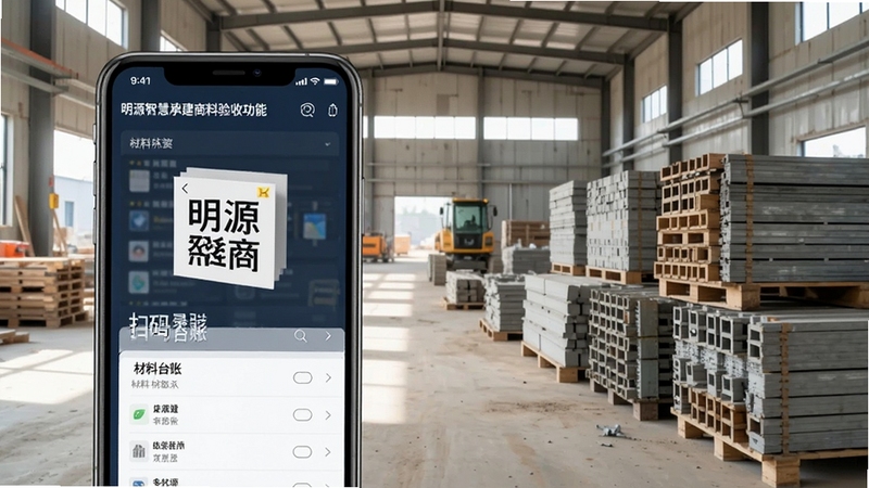 明源智慧承建商材料验收功能界面展示,手机屏幕呈现扫码录入与材料台账列表,画面右侧为整齐堆放的建筑材料,背景为工地仓库环境,光线充足,体现数字化管理场景