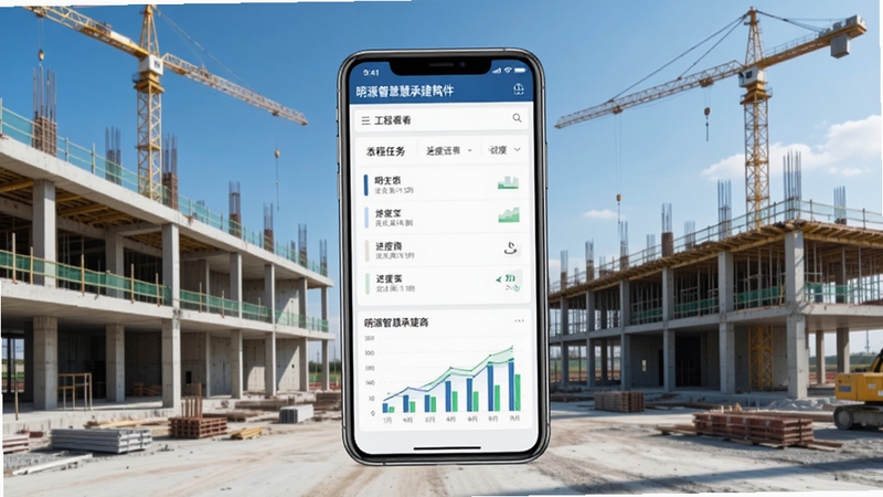 明源智慧承建商软件主界面全貌展示,画面中心为一部智能手机屏幕,屏幕内呈现工程任务看板与进度图表,背景为整洁的现代建筑工地与蓝天,整体风格清新商务,突出移动办公场景,包含明源智慧承建商字样