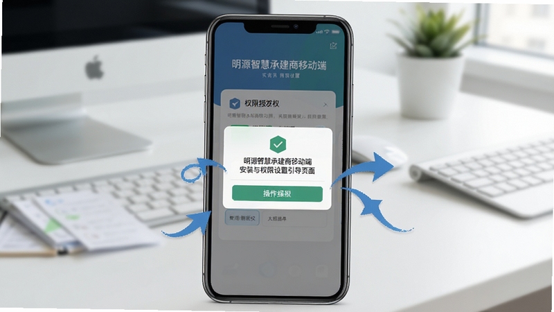 明源智慧承建商移动端安装与权限设置引导页面示意图,画面展示手机屏幕上的权限授权弹窗与操作步骤箭头,背景为简洁的办公桌面,风格清晰直观,帮助新手快速上手