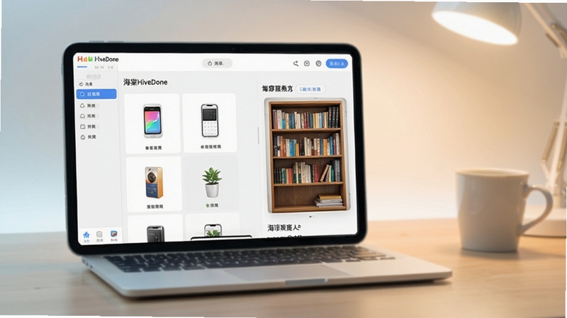 整体展示海棠HiveDone软件主界面与书架功能布局,画面主体位于画面中央偏左位置,背景为浅色渐变桌面环境,突出移动端阅读工具的清爽视觉风格