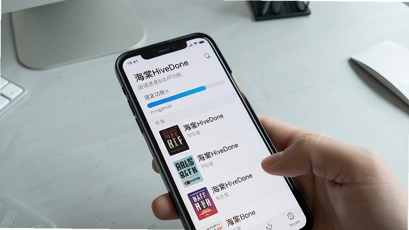 海棠HiveDone阅读进度自动保存功能示意画面,主体为手机屏幕显示进度条与书架列表,背景为简洁的浅灰工作台面,突出数据记录与恢复的便捷性