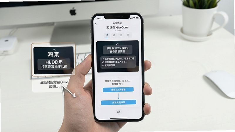 海棠HiveDone移动端安装与权限设置操作流程示意画面,主体为手机屏幕分步操作界面,背景为简洁的桌面环境,突出安装引导与权限管理细节