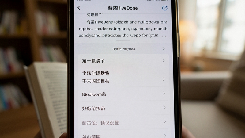 海棠HiveDone阅读界面排版设置面板特写,画面主体为手机屏幕中央的设置选项区域,背景为柔和虚化的室内阅读场景,体现个性化阅读调节功能