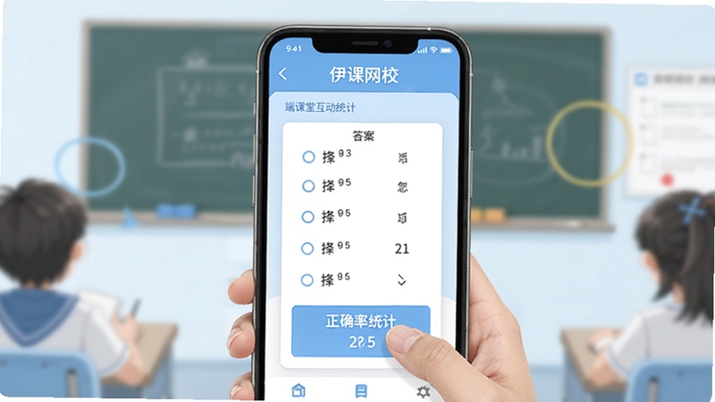 伊课网校手机端课堂互动答题界面,学生正在提交选择题答案,界面卡片式布局,浅蓝色教育风格背景,清晰显示正确率统计,扁平化UI设计