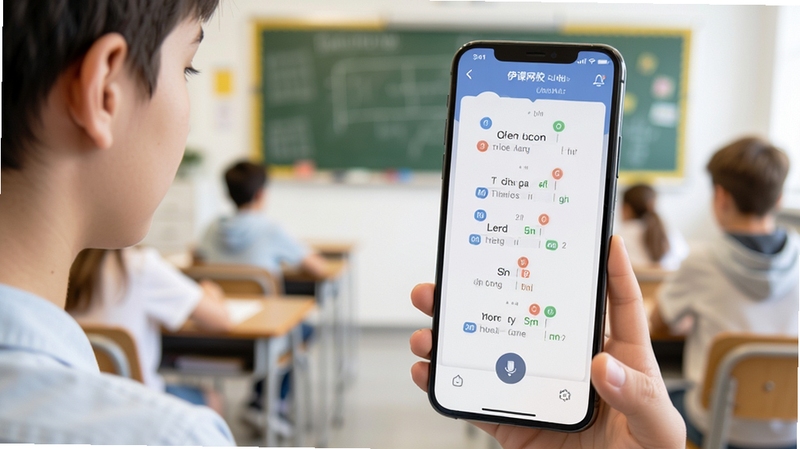 伊课网校口语跟读评测界面,学生对着手机朗读英语句子,屏幕显示发音评分与音节标注,明亮教室背景虚化,教育类App界面风格