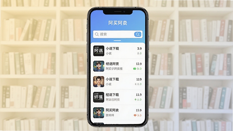 阿买阿卖软件主界面展示,手机屏幕居中放置,画面主体为简洁的小说下载列表与搜索框,背景为浅色渐变书架场景,整体风格清爽明亮,突出软件名称阿买阿卖