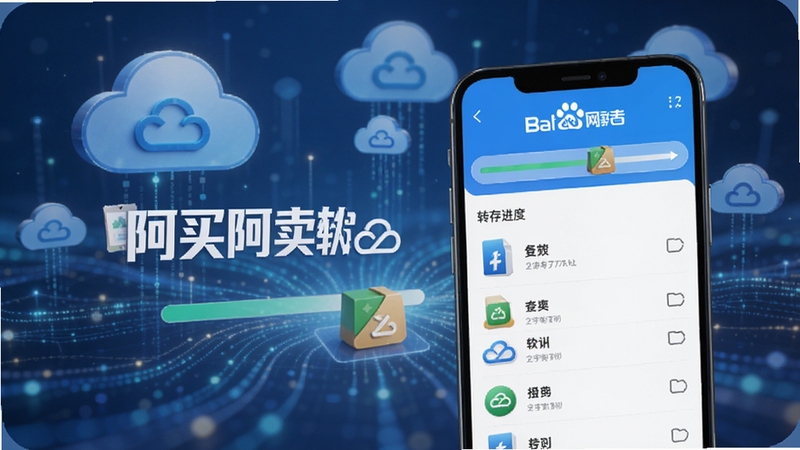 阿买阿卖百度云网盘转存功能界面,手机屏幕显示转存进度条与文件列表,背景为云存储图标与数据流线条,画面主体突出阿买阿卖软件名称与网盘转存按钮