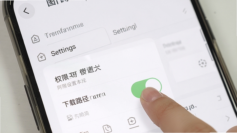 阿买阿卖使用教程示意图,手机屏幕展示权限设置与下载路径选择界面,画面主体为手指点击权限开关的动作特写,背景为浅灰色设置菜单,风格简洁直观