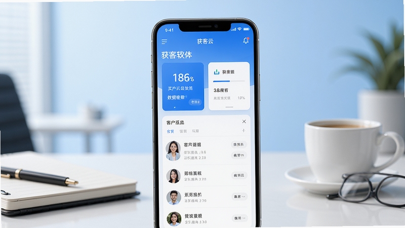 获客云软件主界面全貌展示,画面中央为一部竖屏智能手机,屏幕内呈现获客云应用首页的卡片式数据看板与客户列表,背景为浅蓝色渐变办公场景虚化,桌面摆放笔记本与咖啡杯,整体风格清爽商务,光线柔和,超高清细节