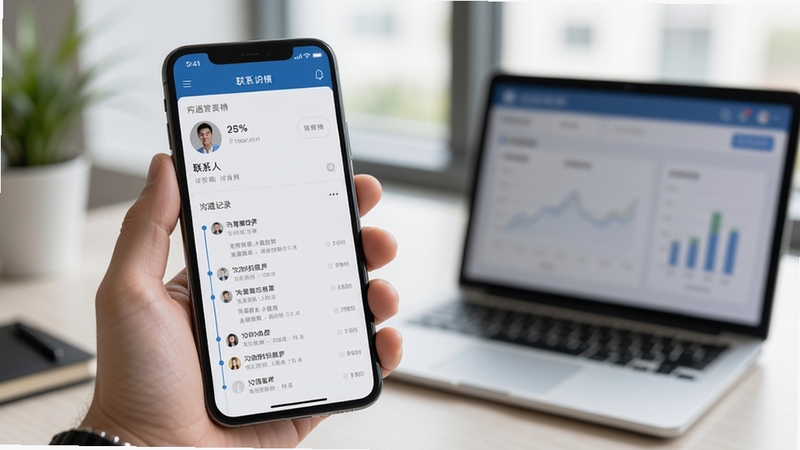 获客云客户档案管理界面,手机屏幕呈现联系人详情页与沟通记录时间线,画面主体为手持手机的特写,背景为虚化的办公桌与笔记本电脑,光线自然,风格简洁专业,强调资料归档的条理性