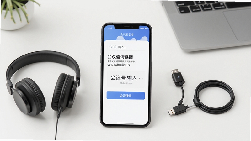 AOne会议移动端操作引导示意图,画面展示手机屏幕上会议邀请链接与会议号输入界面,旁边配有耳机与充电线等配件,背景为简洁桌面,突出新手安装与使用的关键步骤