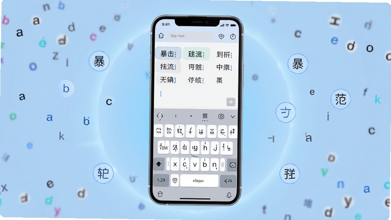 暴击输入法软件主界面全貌,画面中心展示一部智能手机屏幕,屏幕上显示简洁的输入法键盘与候选词栏,背景为柔和的浅蓝色渐变科技光晕,四周点缀悬浮的字母与仓颉字根图标,整体风格清爽现代,适配Boogu模型生成