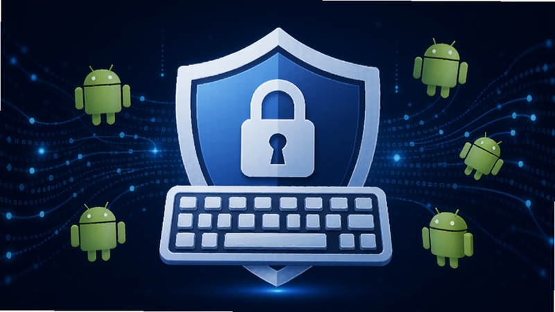 暴击输入法隐私安全示意图,画面中央为盾牌与键盘结合的图标,背景是深蓝色数据流线条,盾牌表面有锁形图案,周围环绕安卓机器人小图标,整体传达安全可靠的视觉感受