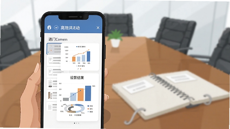 进门Comein会议资料共享与互动功能界面,手机屏幕展示文档列表与投票结果图表,背景为会议室桌面与笔记本,光线柔和,突出高效会议主题,扁平化插画风格