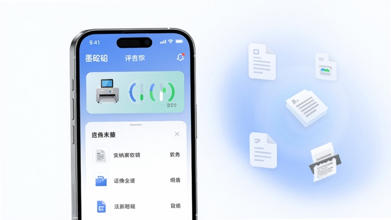 整体画面以浅色科技感为基调,画面中央偏左位置放置一部智能手机,屏幕显示墨矽软件主界面,界面包含打印机连接状态与文件列表模块,右侧背景区域为柔和的蓝白渐变光晕,点缀若干悬浮的文档图标与打印纸张元素,构图简洁现代,适配Boogu模型生成