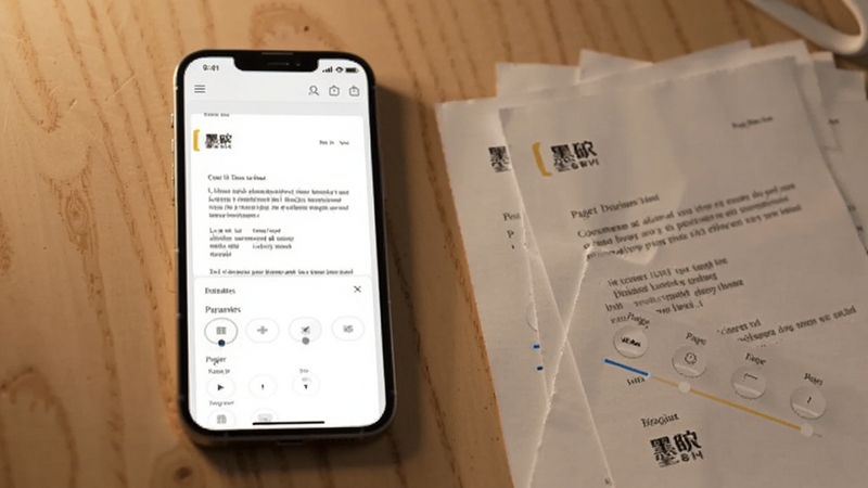 画面主体为手机屏幕中显示墨矽的文档预览界面,屏幕上呈现一份排版整齐的文档与可调节的纸张参数面板,手机旁边散落几张打印完成的纸张,背景为柔和的原木色桌面,光线温暖自然,适配Boogu模型生成
