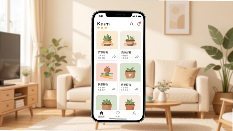 安享好物软件主界面展示,画面中央是手机屏幕,屏幕内呈现整洁的卡片式好物推荐列表,背景为浅米色家居场景,柔和自然光,扁平化插画风格,细节清晰,构图居中