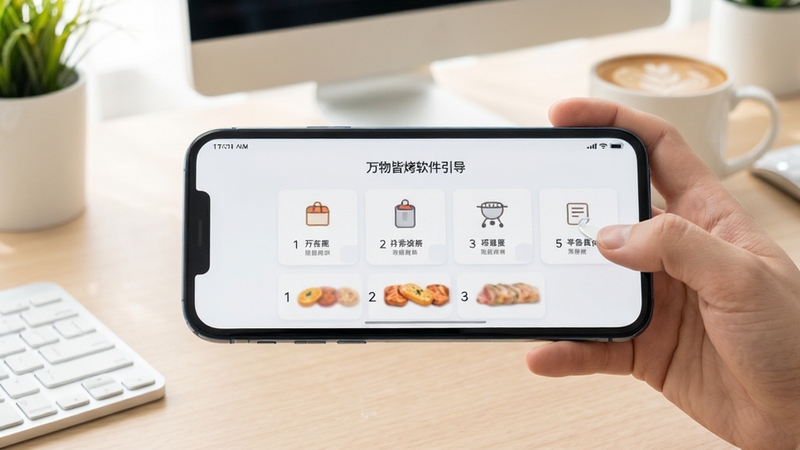 万物皆烤软件操作引导页面,手机屏幕展示分步骤设置向导界面,背景为简约办公桌面,浅色系清新风格,画面明亮